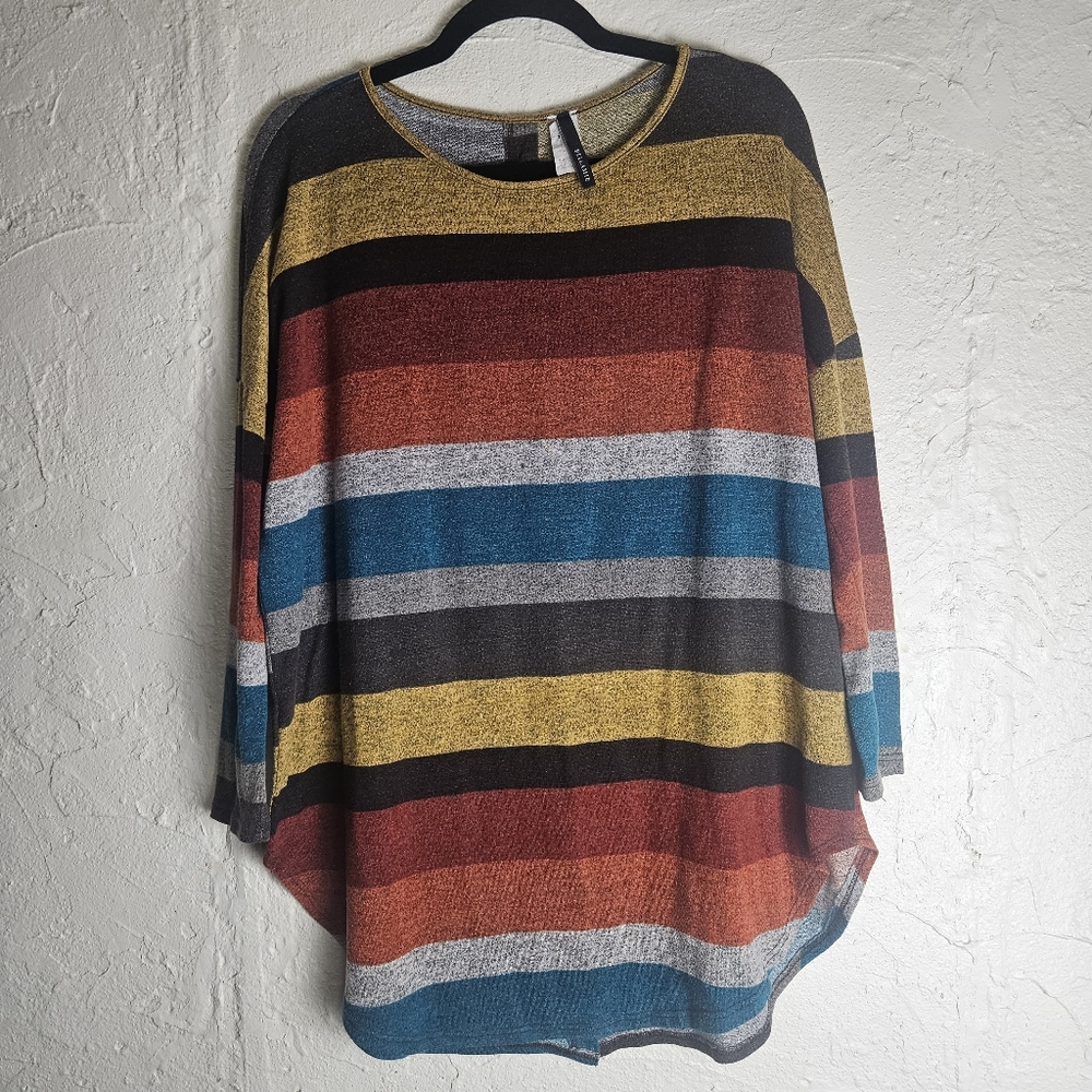 Bellamie Bold Strip Long Line Bullock Back Button-up Chardigan Blouse Top Sz Med